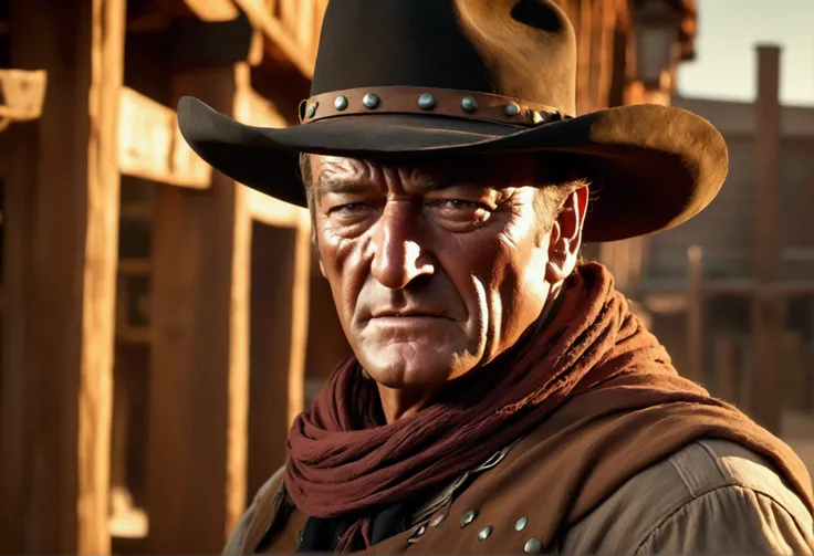 a cowboy (John Wayne) in an old West town, has shot dead Eldari witches, scared people watching from shadows, Warhammer 40k, dark fantasy, cinematic lighting, highly detailed, realistic, photorealistic, dramatic, masterpiece, 8k, HDR, volumetric lighting, ...