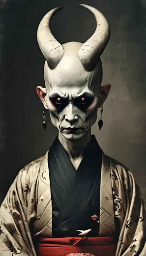 ghost、Bald Head、Only the head is abnormally large、There is a huge red and black lump on his forehead,It has two large horns、Are crying、Wearing a kimono,Dirty skin color、