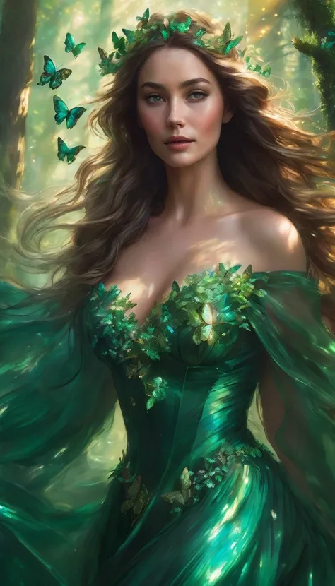 A stunning woman with colossal breasts in an emerald gown stands in a sunlit, enchanted forest. Her flowing hair catches the breeze as iridescent butterflies flutter around her, creating a mesmerizing, magical scene filled with morning light and ethereal b...