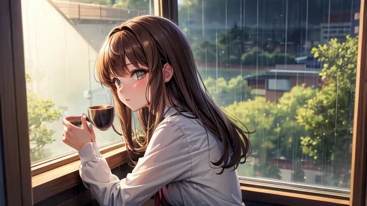 Brunette anime girl with light brown hair, watching the rain through the bedroom window, having a cup of tea while watching the scenery.