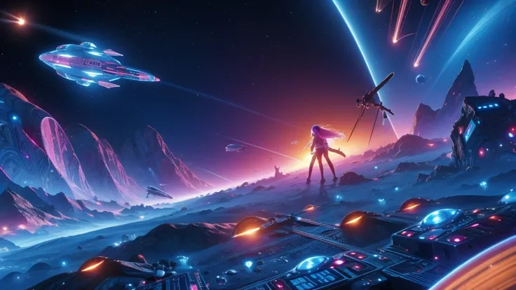 A teenage girl wearing futuristic space suits, inside a space capsule in space, in the background of the image a burning planet, spaceships flying in the background