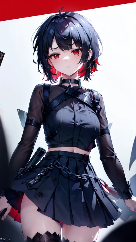 High resolution,High resolution,girl,Black Hair,short hair,Red eyes,Slanted Eyes,Bad mood,boyish,thin,Toned body,Pleated skirt,Dress shirt,Bedroom,choker,the navel sticks out,