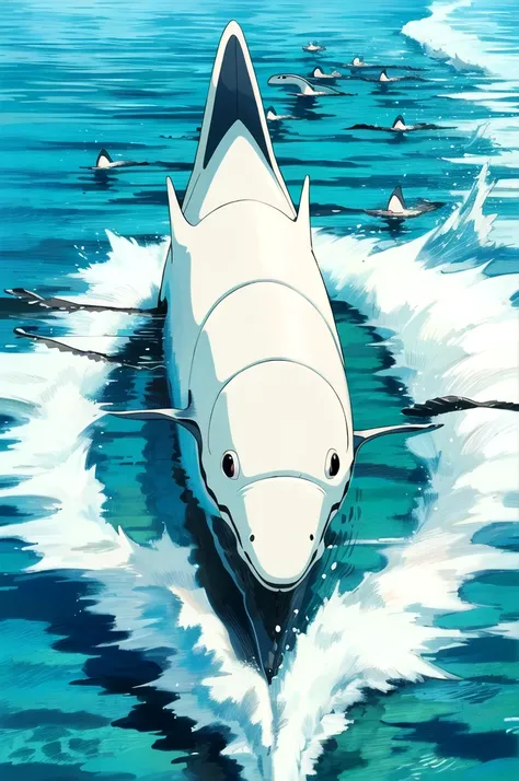 ghibli style, ghibli, A school of dolphins gracefully swimming through open waters, their playful antics captivating all who witness them, (masterpiece,best quality:1.5),