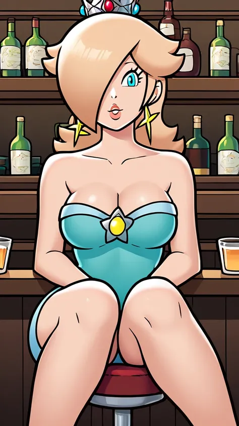 score_9, score_8_up, 1girl, solo, rosalina, style parody, thick outlines, blue dress, sleeveless, strapless, cleavage, indoors, bar, 