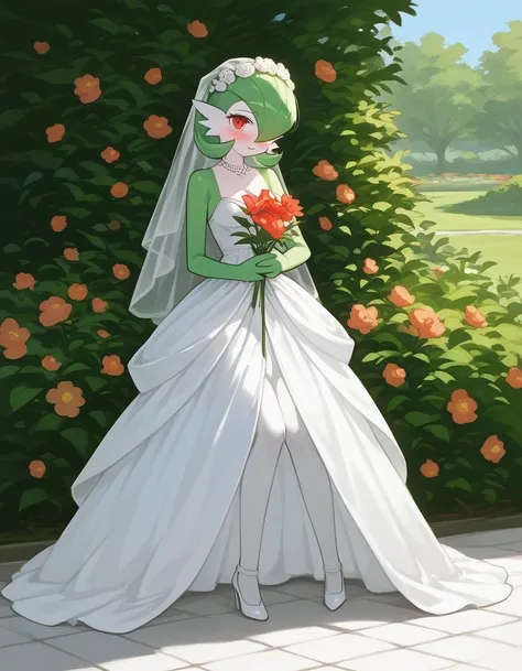 alone, score_9,score_8_up,score_7_up, gardevoir pokemon, full body, wearing wedding dress, holding flowers, blushing, garden background.