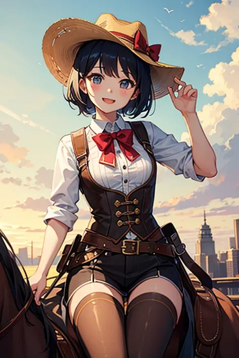 Highest quality、Black Hair、Iris、short hair、girl、cute、16 years old、、1 person、Cosplay、Cowgirl、Ten-gallon hat、Riding a horse、A happy look、Full of energy、