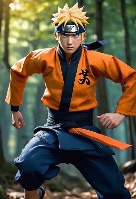 Naruto Uzumaki dressed in his traditional outfit, detailed facial features, expressive eyes and lips, strong and determined expression, spiky blond hair, wearing his orange and black ninja costume with a high collar, Naruto headband with the Konoha symbol,...