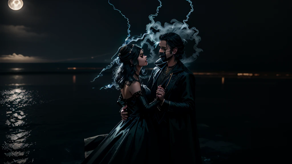 long shot, mystery man in black masquerade clothes dancing with a beautiful dress masquerade woman on water, full moon in the night sky, high detail, wide shot, 4K, 3D, REALISTIC, (iridescent glow smoke), UHD, 32K, very bold neon colors, black light, neon ...