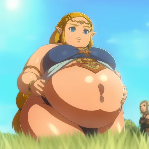 Anime Women, Adult female、Detailed face、amount、amount、Braided Pigtails, Zelda、Extremely Long Hair、Sharp eyes、Thick lips、 Extremely fat、extremely Chubby、obesity、obesity body、Double chin、Cheek、Thick neck、colossal Breasts、Extremely Saggy breasts、Thick upper a...