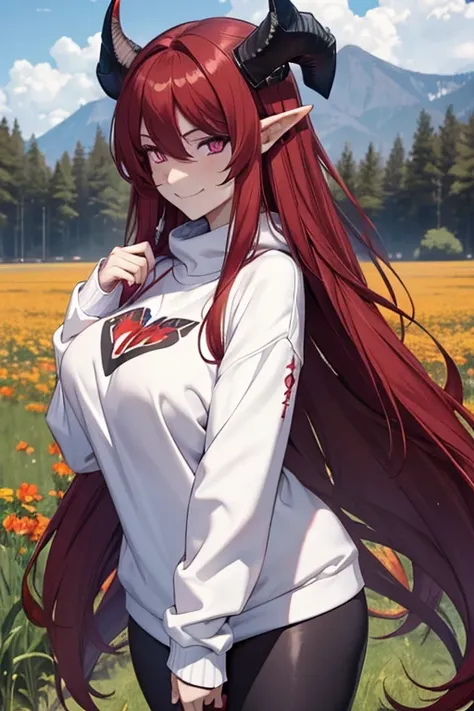 woman, long hair, red hair, on her head she has two horns, her body has more curves, violet eyes, she is smiling, wears a sweatshirt, black sweatshirt with symbols in white, wears leggings , uses two rings on his hand, the scene and in a field