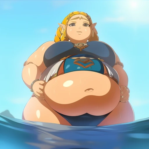 Anime Women, Adult female、Detailed face、amount、amount、Braided Pigtails, Zelda、Extremely Long Hair、Sharp eyes、Thick lips、 Extremely fat、extremely Chubby、obesity、obesity body、Double chin、Cheek、Thick neck、colossal Breasts、Extremely Saggy breasts、Thick upper a...