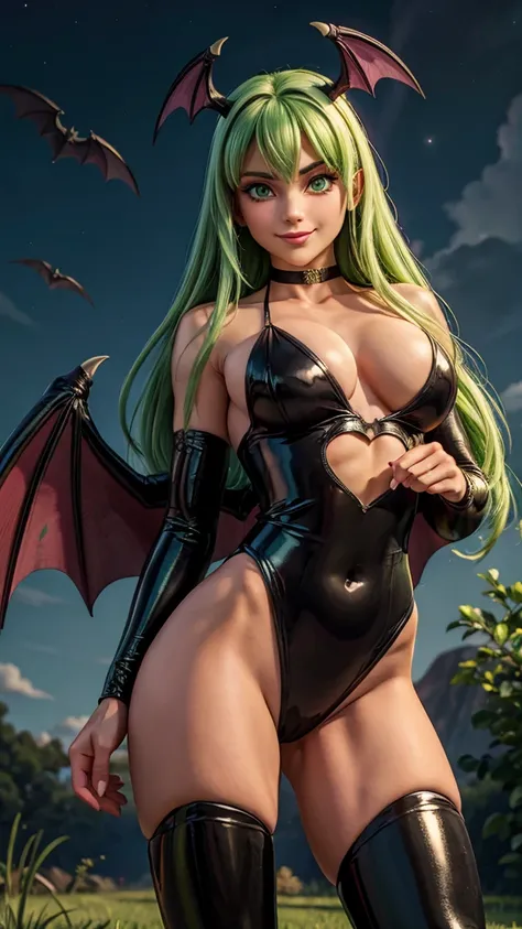 morrigan, cute smile, (Beautiful bright green eyes), (long green straight hair, bangss), (head wings), (black latex collant, bared shoulders, heart cutout on navel), neckleace, (bright pink pantyhose, Bat print), bat wings on the back, (bright pink bridal ...