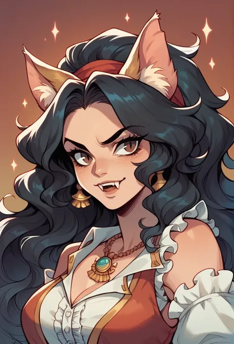 A beautiful woman, long wavy black hair, brown eyes, cat ears and tail, fangs, horns, halfbody, Pirate clothing, leader of the seas, 