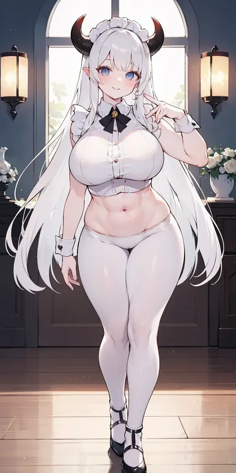 1 full length girl standing, good ass, maid of honor, Hairstyle with a white braid, white hair, blind, perfect lighting, muscular, thighs, mature woman, Mummy, belly button, ABS, look at the viewer (masterpiece, high quality: 1.1) smile, Extremely huge bre...