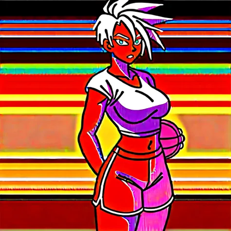 1girl, alone, Saiyan, spiky white hair combed back , green eyes, slim, thin waist, wide hips, dark skin, medium breasts,shirt number 10, white sports shorts, shooting ball into ,   dunking ball on basket, on a street basketball court
