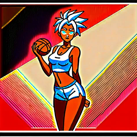 1girl, alone, Saiyan, spiky white hair combed back , green eyes, slim, thin waist, wide hips, dark skin, medium breasts,shirt number 10, white sports shorts, shooting ball into ,   dunking ball on basket, on a street basketball court
