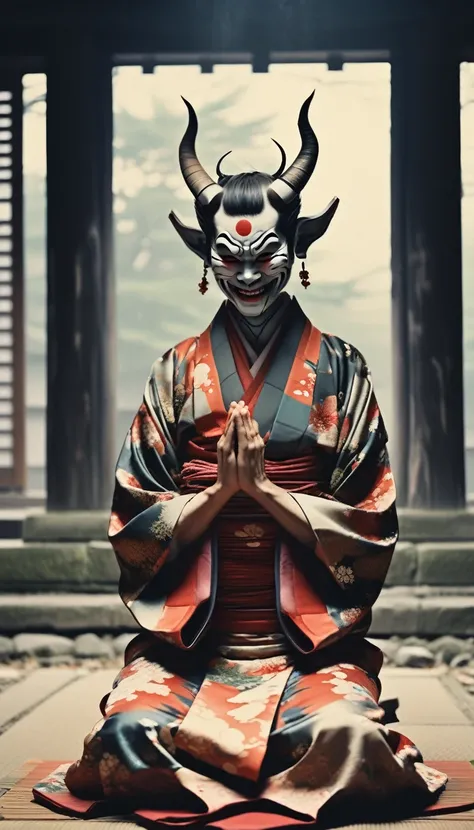 Japanese demon、Smiling、Wearing a kimono,Color,Mouth closed to ears,Hands together in prayer,The background is an abandoned temple