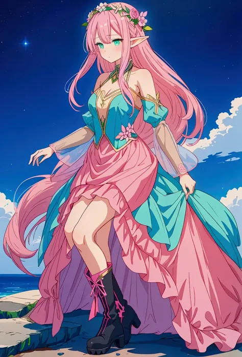 beautiful adult women elf, long pink hair and blue streaks hair, green eyes, with flower crown, black boots, blue dress, pink underskirt and black sleeves, full body.
