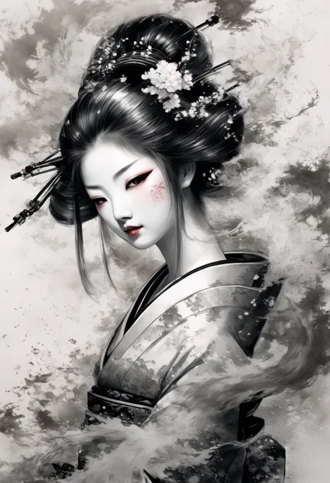 8k,ink painting,black and white painting,beautiful detailed glass hair,splash,from behind,whole body,oiran,luxurious makeup,(gor...