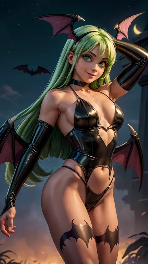 morrigan, cute smile, (Beautiful bright green eyes), (long green straight hair, bangss), (head wings), (black latex collant, bared shoulders, heart cutout on navel), neckleace, (bright pink pantyhose, Bat print), bat wings on the back, (bright pink bridal ...