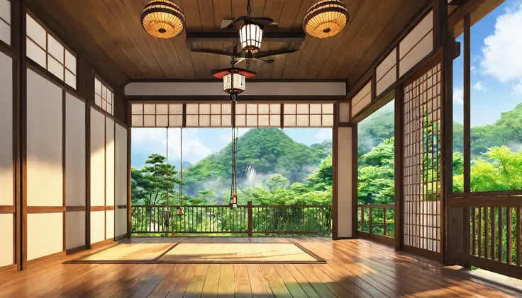 summer,inside the house,japanese style veranda,sunny,ghibli style wind chimes,highest quality, 8k, high resolution, masterpiece:...