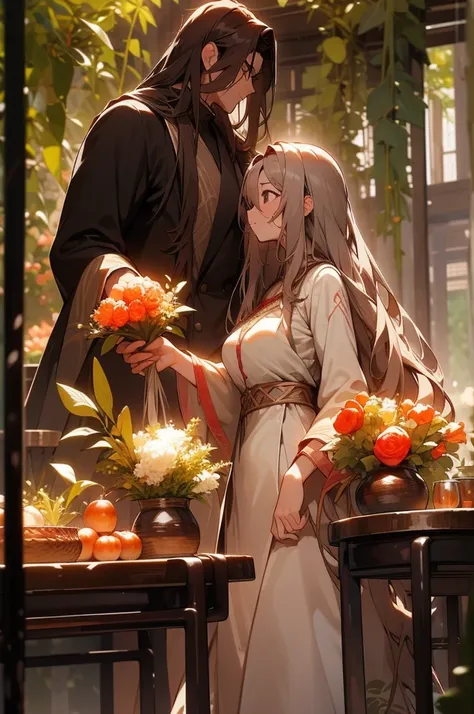 half body photograph of a couple beneaf the vines staring romanticaly at each other, near a tea table, ((big breasted girl wearing white dress with long white hair)), (athletic muscular mature boy with brown hair wearing casual clothes), gaussian blur ital...