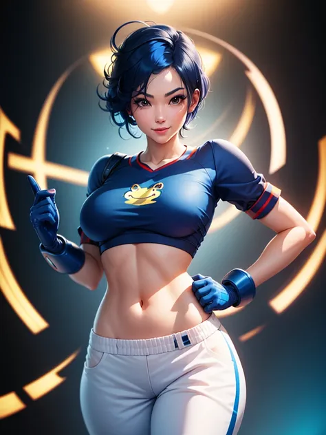 (at night), in a video game scene, a background of a beautiful city during the day raining, standing at attention, semi-short blue hair, a blue t-shirt on the chest, it has the face of a smiling frog type logo, a large belt on the chest. waist, blue finger...