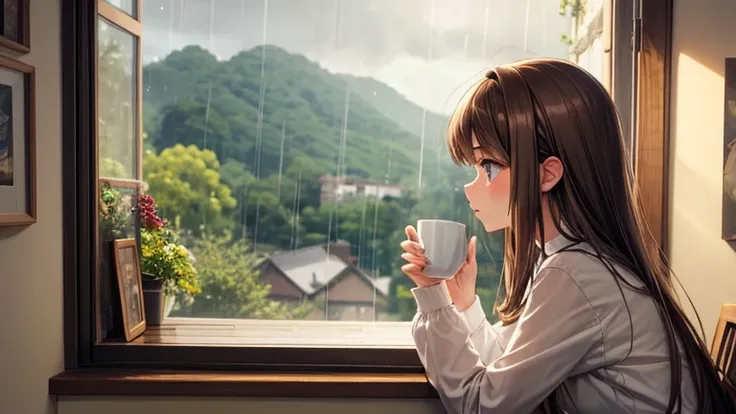 Brunette anime girl with light brown hair, watching the rain through the bedroom window, having a cup of tea while watching the scenery.