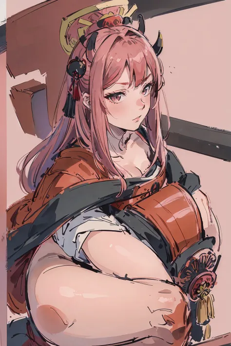 Rogue, a pink  haired , wearing a red samurai armor, long hair, fasion hair, samurai armor, slim body, shirt ornament, hakama, tall 187cm, 25yearold, samurai, katana, female, beautiful