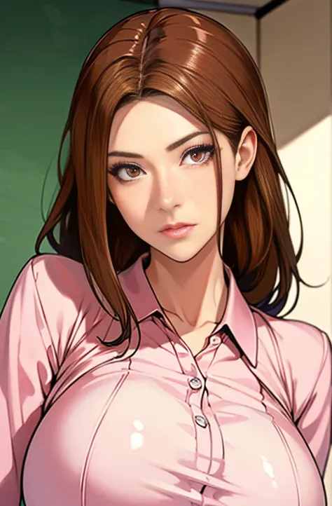 ((1girl in)), ((Best quality)), (Ultra-detailed), (Extremely detailed CG unified 8K wallpaper), Highly detailed, High-definition RAW color photo, Professional photography, Brown hair, amazing face and eyes, Pink eyes, (Amazingly beautiful girl), school, Cl...