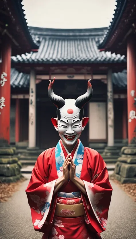 devil,big head,smiling、wearing a kimono,color,mouth closed to ears,hands together in prayer,the background is an abandoned templ...