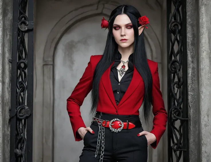  tall woman, long black hair, red and black women&#39;s SUIT, black pants, belt with chains, rose covering one eye, elf ears, series A, red eyes with thin pupils