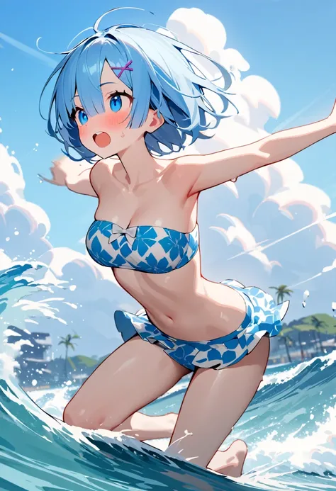 1girl, rem (re:zero), re:zero kara hajimeru isekai seikatsu, blue short hair,katyusha,flower pattern bikii,bandeau bikini, surfing, riding wave, riding a surfboard,ocean spray, palm trees on shore, clear blue sky, exhilarated expression, hair windswept, mo...