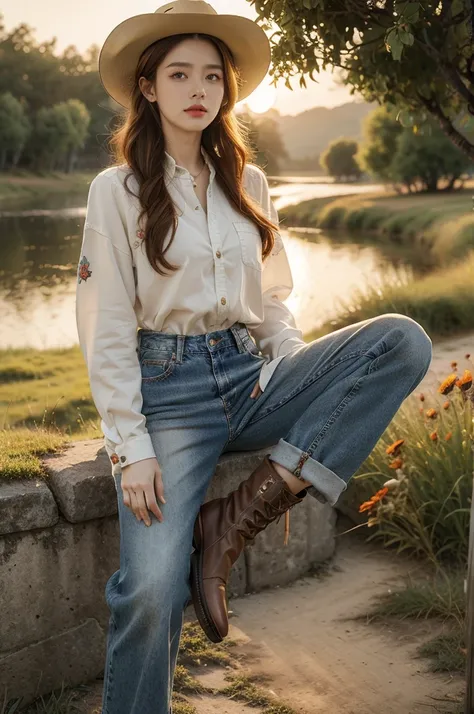 (((best quality))),(((ultra detailed))),(((masterpiece))),illustration,1girl,cowgirl,redhead,sun-kissed skin,leather cowboy hat,dark blue button-down shirt,embroidery,well-fitted jeans,brown leather boots,delicate silver locket,plains,wildflowers,swaying g...