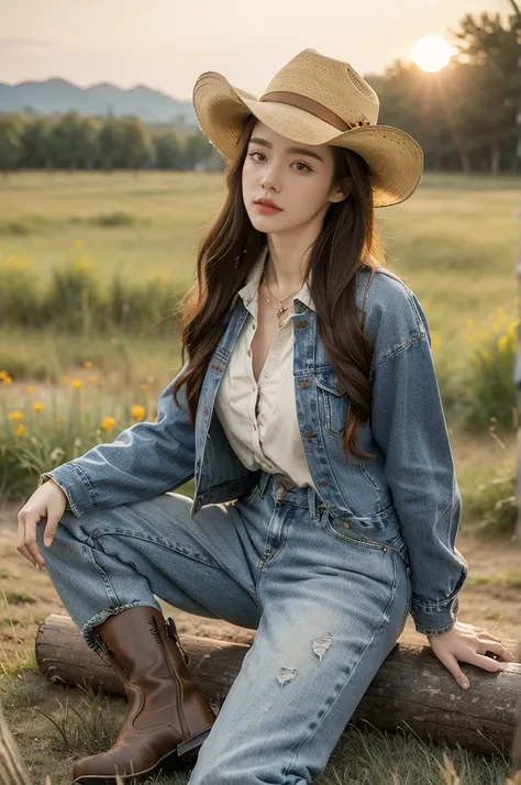 (((best quality))),(((ultra detailed))),(((masterpiece))),illustration,1girl,cowgirl,redhead,sun-kissed skin,leather cowboy hat,dark blue button-down shirt,embroidery,well-fitted jeans,brown leather boots,delicate silver locket,plains,wildflowers,swaying g...