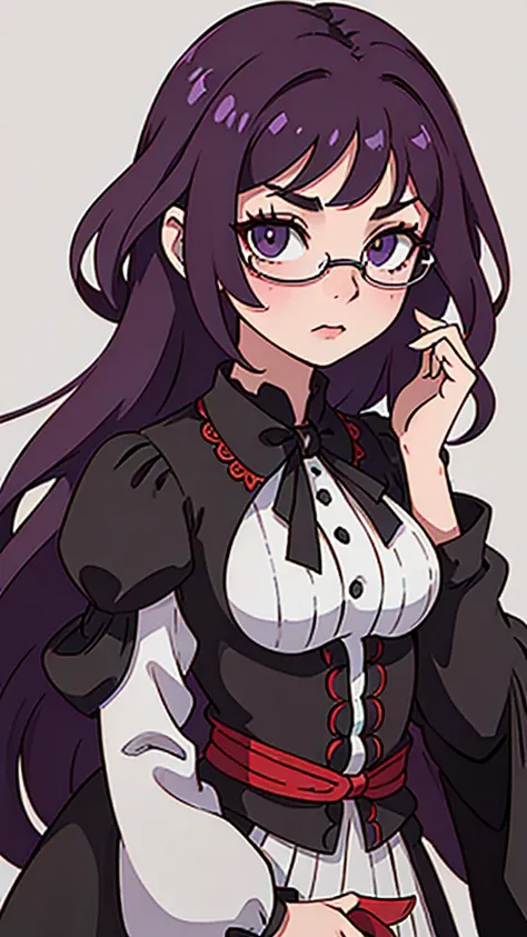 a girl with shoulder-length red hair, purple eyes, with black glasses and a gothic style dress with lace on the sleeves, with white bows on the dress, the girl has a big ribbon in her hair.

1.The girl has red hair 2.Her hairstyle is long, with straight ba...