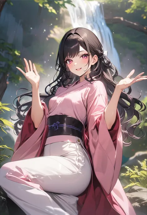 (masterpiece:1.3), (best quality:1.1), (8k, ultra detailed, ultra high res:1.2), ((anime style)), perfect 5 fingers, perfect anatomy, 
1girl,
Kamado Nezuko, 
BREAK long hair, wavy hair,  
black hair, 
pink eyes, 
ribbon, 
small breasts,  
BREAK japanese cl...