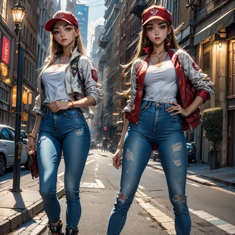 ((masterpiece, best quality, photography, RAW quality)), (young brown girl with a perfect face, hazel eyes, clear pupil), ((straight hair, red cap, tight synthetic pants, white t-shirt and denim jacket, showing off her perfect body)), ((using inline skates...