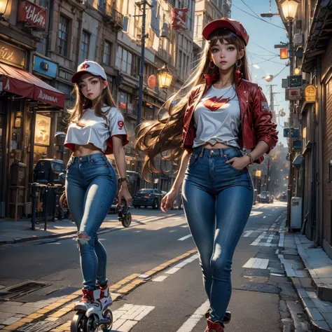 ((masterpiece, best quality, photography, RAW quality)), (young brown girl with a perfect face, hazel eyes, clear pupil), ((straight hair, red cap, tight synthetic pants, white t-shirt and denim jacket, showing off her perfect body)), ((using inline skates...