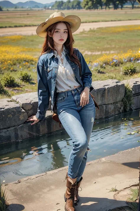 (((best quality))),(((ultra detailed))),(((masterpiece))),illustration,1girl,cowgirl,redhead,sun-kissed skin,leather cowboy hat,dark blue button-down shirt,embroidery,well-fitted jeans,brown leather boots,delicate silver locket,plains,wildflowers,swaying g...