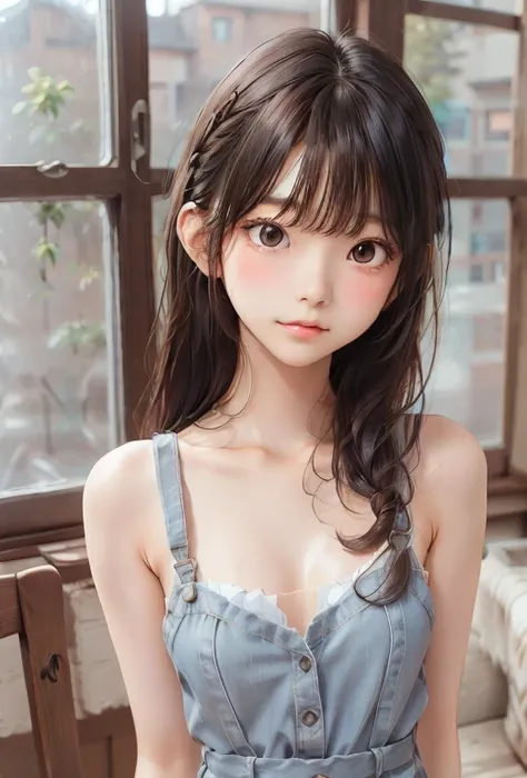 A girl, Solitary, Long hair,Bangs, Braids and long hair, Wear a suspender denim dress, Backless denim dress,Small Breasts,Brown eyes, Upper body photo,Sideways photo, Gray background, ,Delicate face, purebred face_v1, Beautiful lips, King Reuters