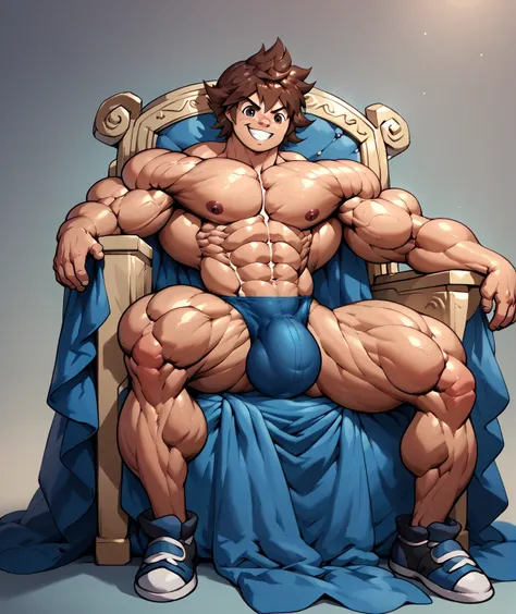  naked , big bulge , huge bulge , blown thong ,alone, full body,smiling , muscular, huge muscle, big muscles, pectoral muscle , Boy , YOUNG  , YOUNG , Hilbert (Pokemon) Multiple Outfits / (Pony)  , brown eyes, brown hair, pokkuti , sitting on a throne, roy...