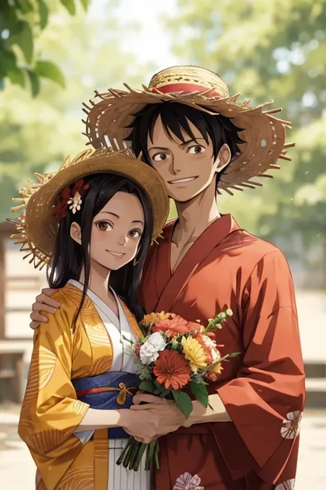 Monkey D Luffy holding a bouquet of flowers dressed in a kimono and wearing his straw hat and a smiling black woman with light skin and straight hair 