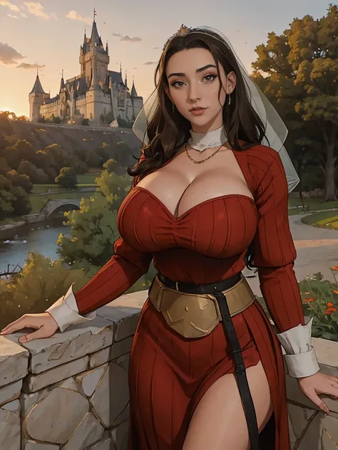 Gorgeous and sultry busty athletic (thin) brunette queen with sharp facial features wearing a modest updo, dark red medieval dress, long sleeves, loose sleeves, intricate patterns, embroidery, wide neck, crown, veil, long fitted dress, tight bodice, shawl,...