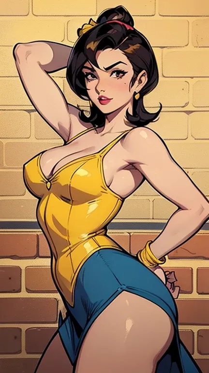 Araffe woman in a yellow dress leaning on a brick wall., Ivan Talavera and Artgerm style, faye valentine, Pinup, James Gurney style of painting, comic pinup style, Pinup style, Retro Pinup Model, Full portrait, Artgerm and Gil Elvgren, Faye Valentine de Co...