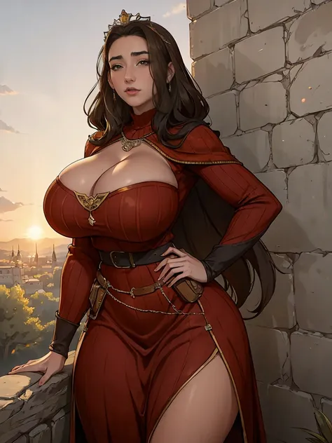 Gorgeous and sultry busty athletic (thin) brunette queen with sharp facial features wearing a modest updo, dark red medieval dress, long sleeves, loose sleeves, intricate patterns, embroidery, wide neck, crown, veil, long fitted dress, tight bodice, shawl,...