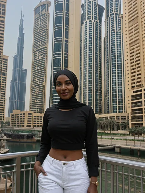 Zainab, 1girl, solo, ((Sudanese woman)), consistent face and body, ((MILF)), ((50 years old)), (mature), ((slim)), ((Sudanese face)), (Sudanese nose), (Sudanese lips), upper body and upper legs, (background: skyscrapers in Dubai), BREAK, (wearing stylish b...