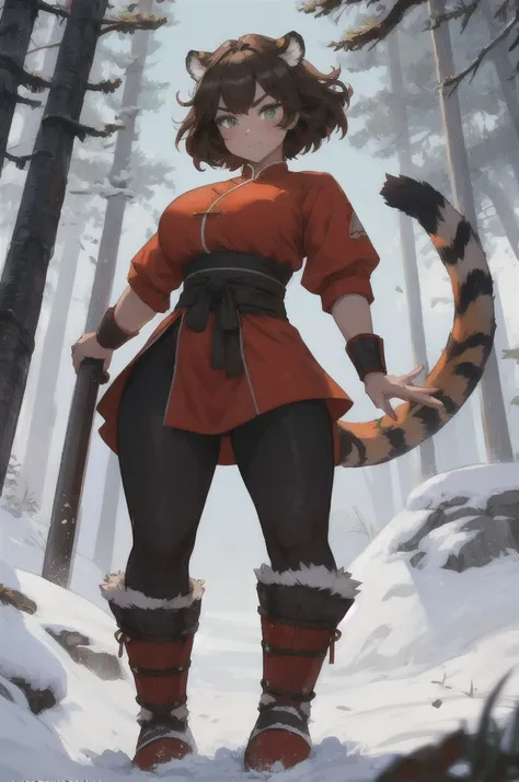 
work of art, best qualityer, 1 girl, master Tigress, kung fu panda, shining skin, cinematic lighting, breasts big, looking ahead at viewer, Messy hair, tiger ears, tiger tail, dynamic pose, snowy forest at night, red chinese traditional clothes, white ski...