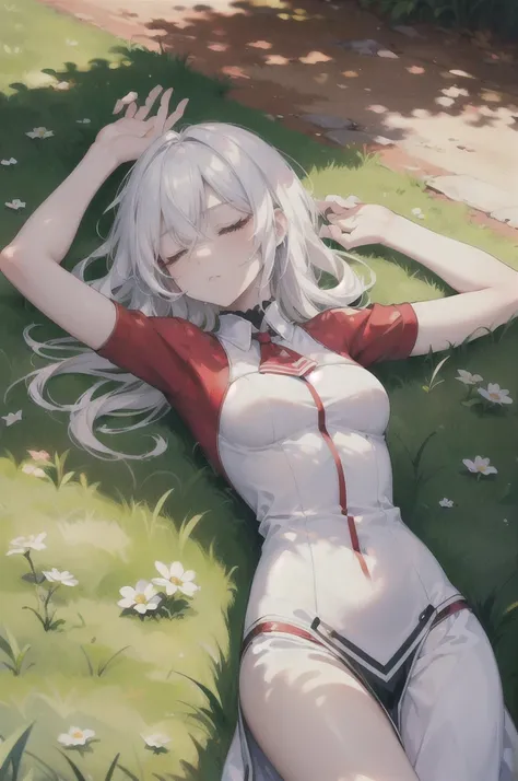 ((high quality)), ((masterpiece)), 8k, slim demon girl, white hair, ((red colored skin)), lying down on the ground, grassy land, arms up, 1arm stretched up, closed eyes, ((sleepy facial expression)), ((blank stare)), ((head facing right side)), 