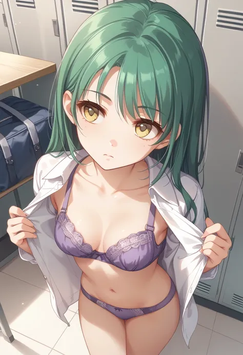 (((masterpiece) (((((Highest quality))))((high resolution))))), Very detailed, Ultra-realistic, )、、locker room、Open shirt、Purple Bra、Purple panties、Green Hair、、、Change of clothes、((Expressionless))、From above.stand、Look away.Yellow Eyes、((((Gaze Down))))、a...